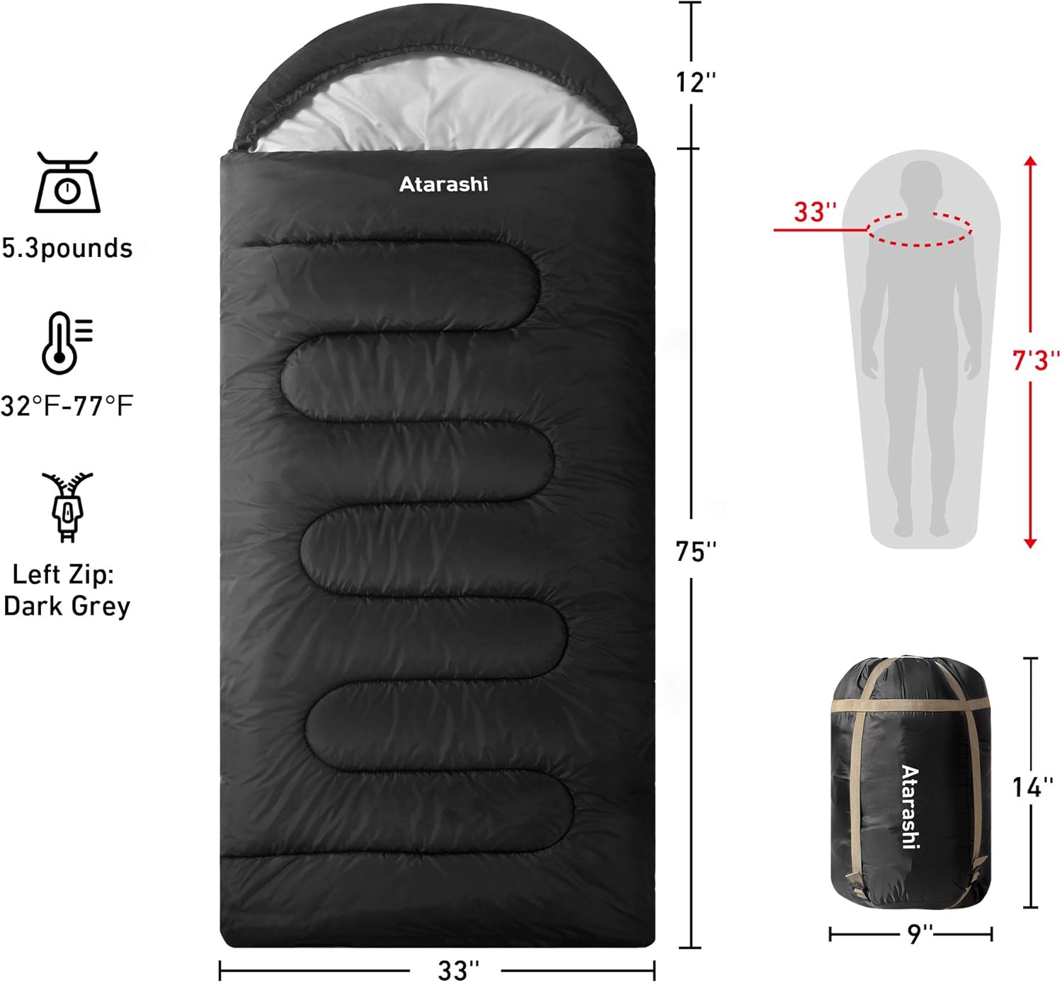 Atarashi Camping Sleeping Bag- 4 Seasons for Adults, Light, Warm, Extra-Large with Compression Sack- Great for Hiking, Backpacking & Outdoor Adventures - Image 2