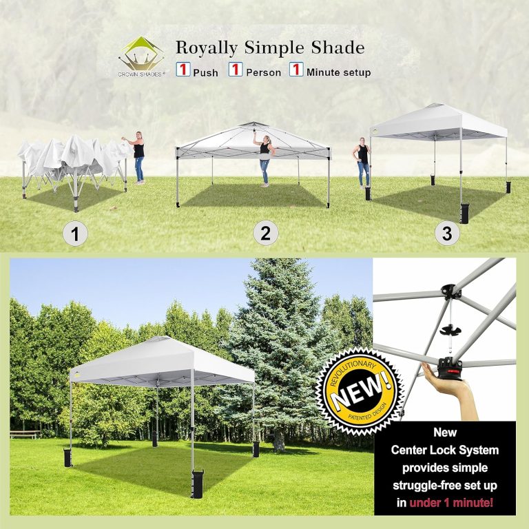 CROWN SHADES 10×10 Pop Up Canopy – Beach Tent with One Push Setup – Easy Outdoor Sun Shade for Events, Parties, Camping – Gazebo with STO-N-Go Cover Bag, Silver Coated Top, White