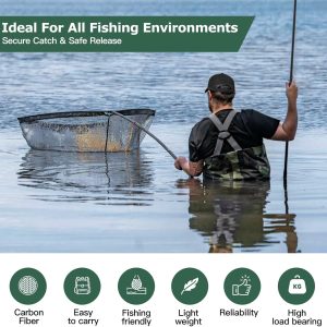 Landing Net for Carp Fishing, 42 Inch Extra Large Fishing Net, 6 Feet Carbon Fiber Long Handle Saltwater Big Fish, Holds Up to 88lbs/40kgs, Olive Green, Supplied with Carry Bag
