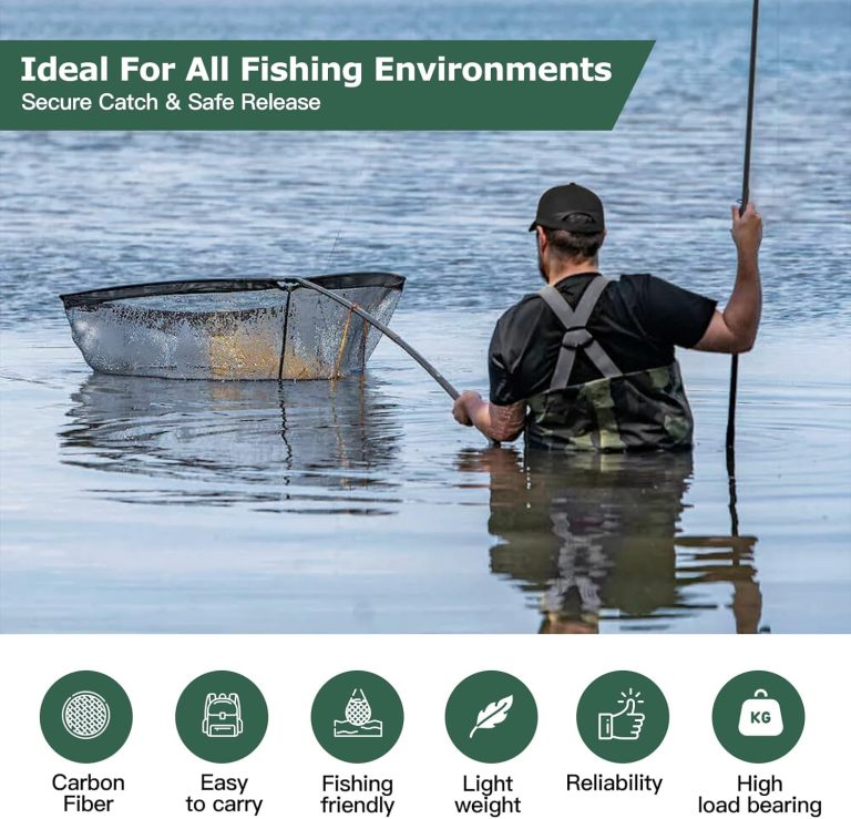 Landing Net for Carp Fishing, 42 Inch Extra Large Fishing Net, 6 Feet Carbon Fiber Long Handle Saltwater Big Fish, Holds Up to 88lbs/40kgs, Olive Green, Supplied with Carry Bag