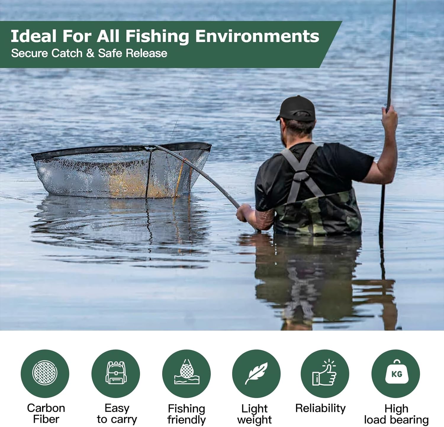 Landing Net for Carp Fishing, 42 Inch Extra Large Fishing Net, 6 Feet Carbon Fiber Long Handle Saltwater Big Fish, Holds Up to 88lbs/40kgs, Olive Green, Supplied with Carry Bag